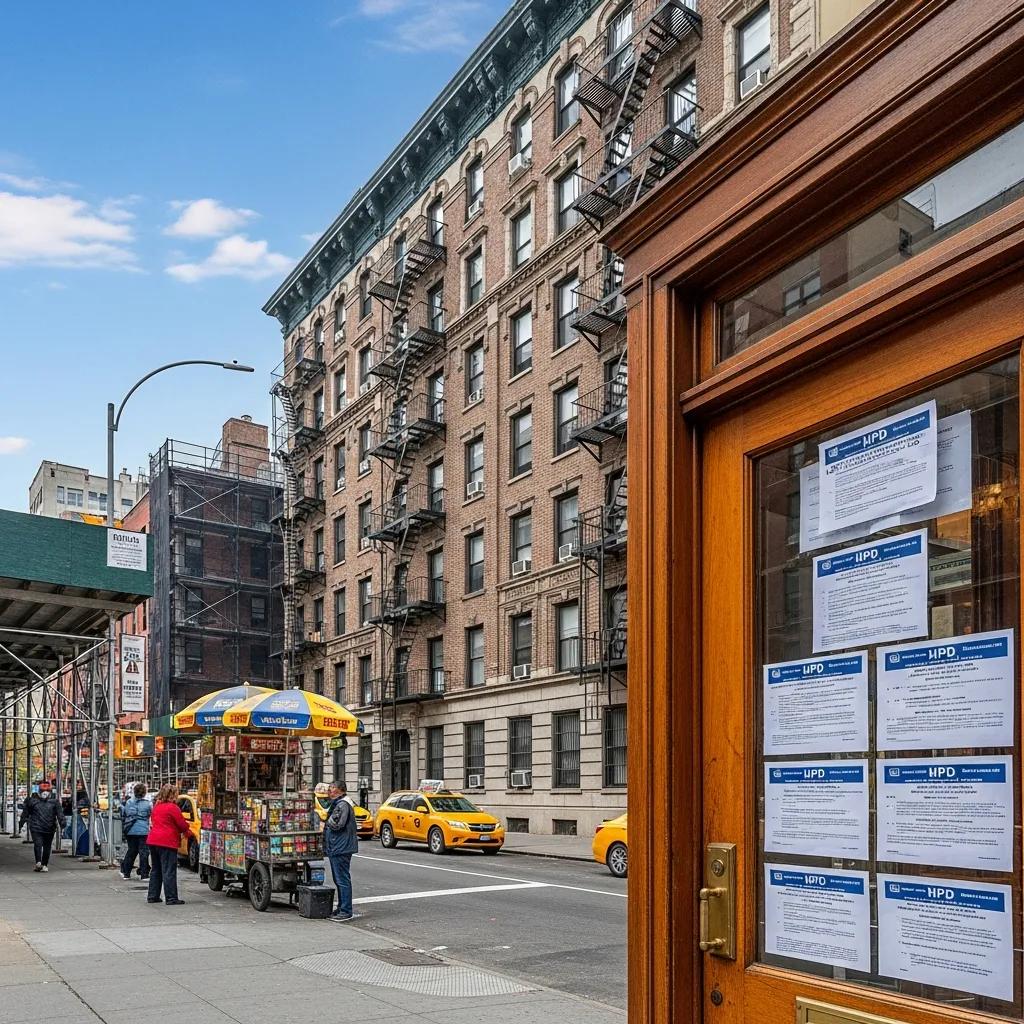 New York City apartment building with visible HPD violation notices, highlighting urban living and compliance
