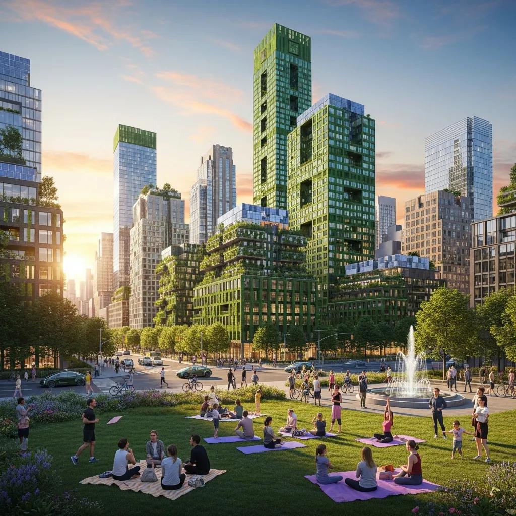New York City skyline with green buildings and solar panels representing sustainability and energy efficiency