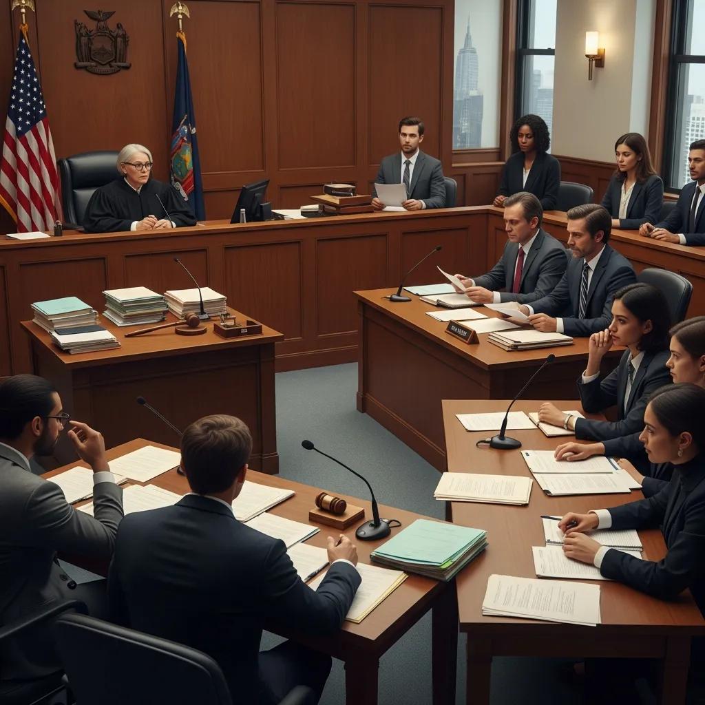 NYC housing court scene with landlords and tenants during a court hearing