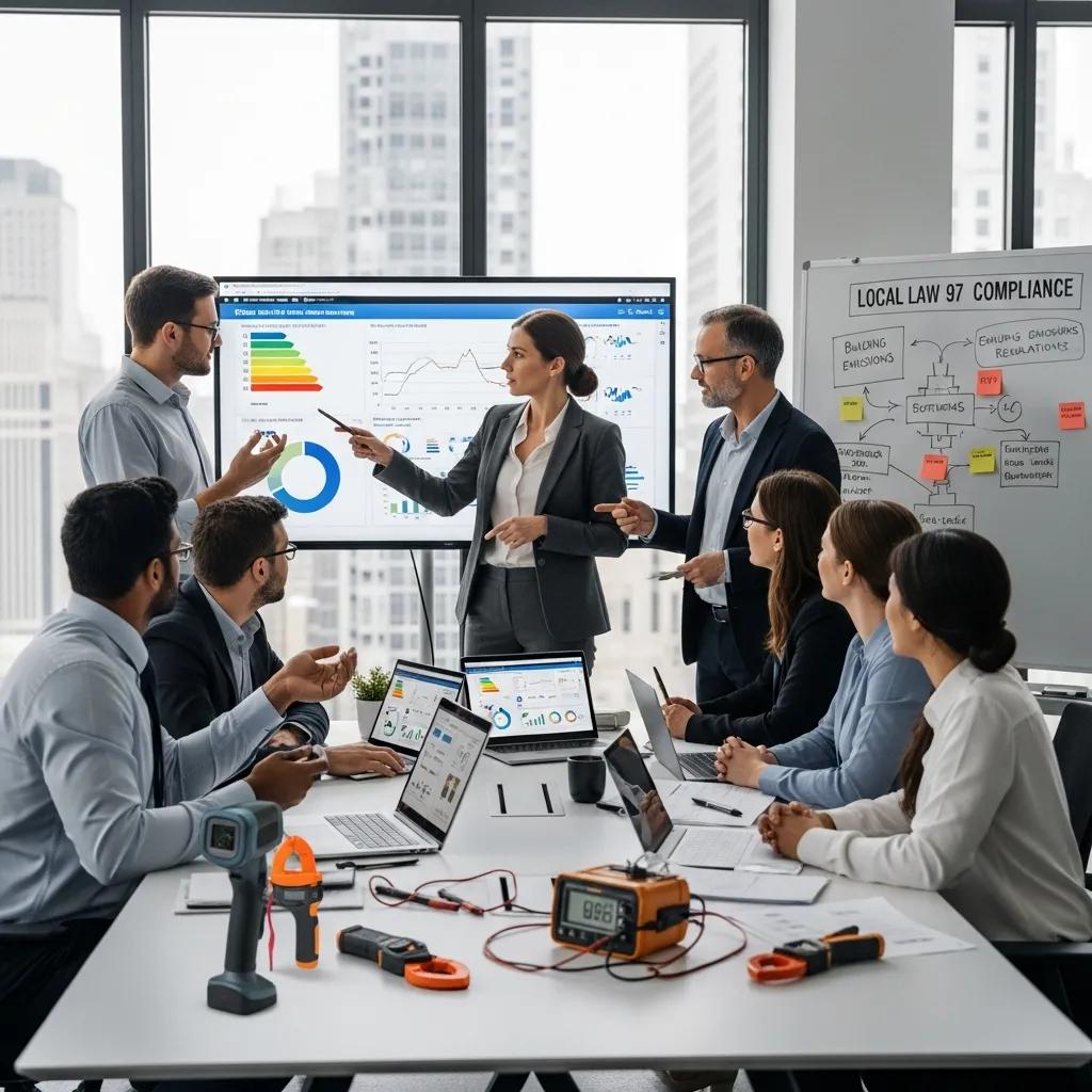 Professionals discussing energy efficiency strategies in an office setting related to Local Law 97 compliance