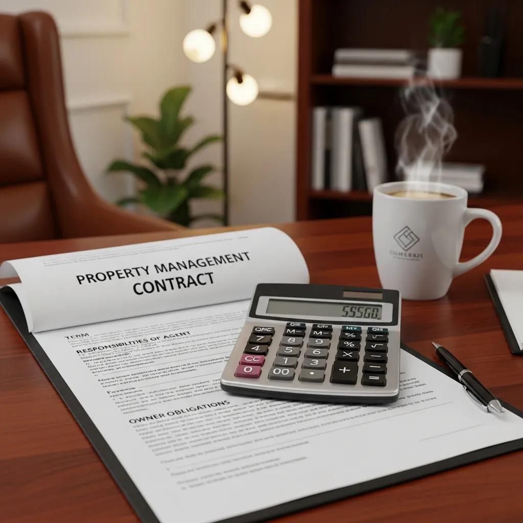 Property management contract with calculator and coffee on a desk