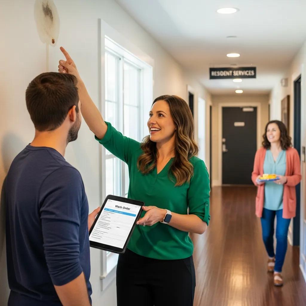 Property manager discussing maintenance with a tenant in an apartment building