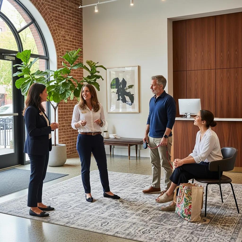 Property manager discussing services with tenants in a Brooklyn condo lobby