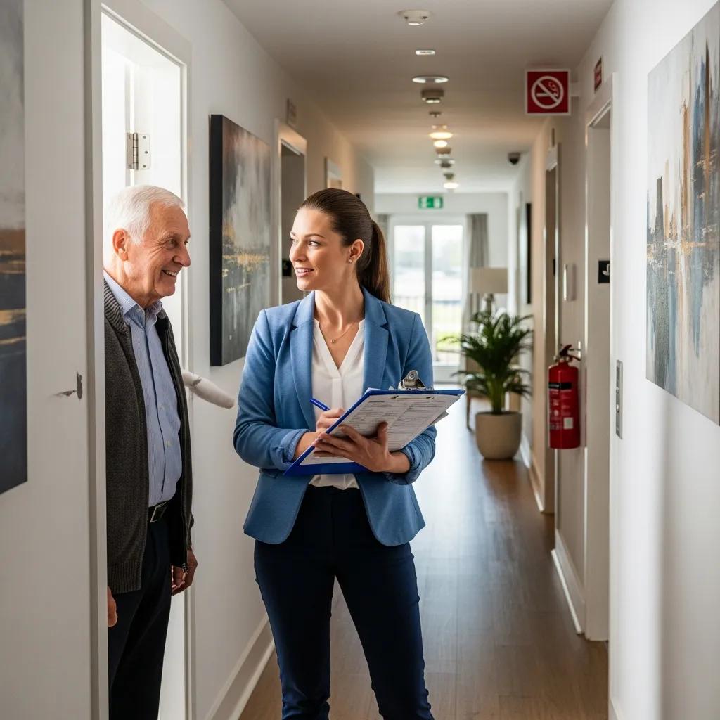 Property manager inspecting a residential building for compliance and safety