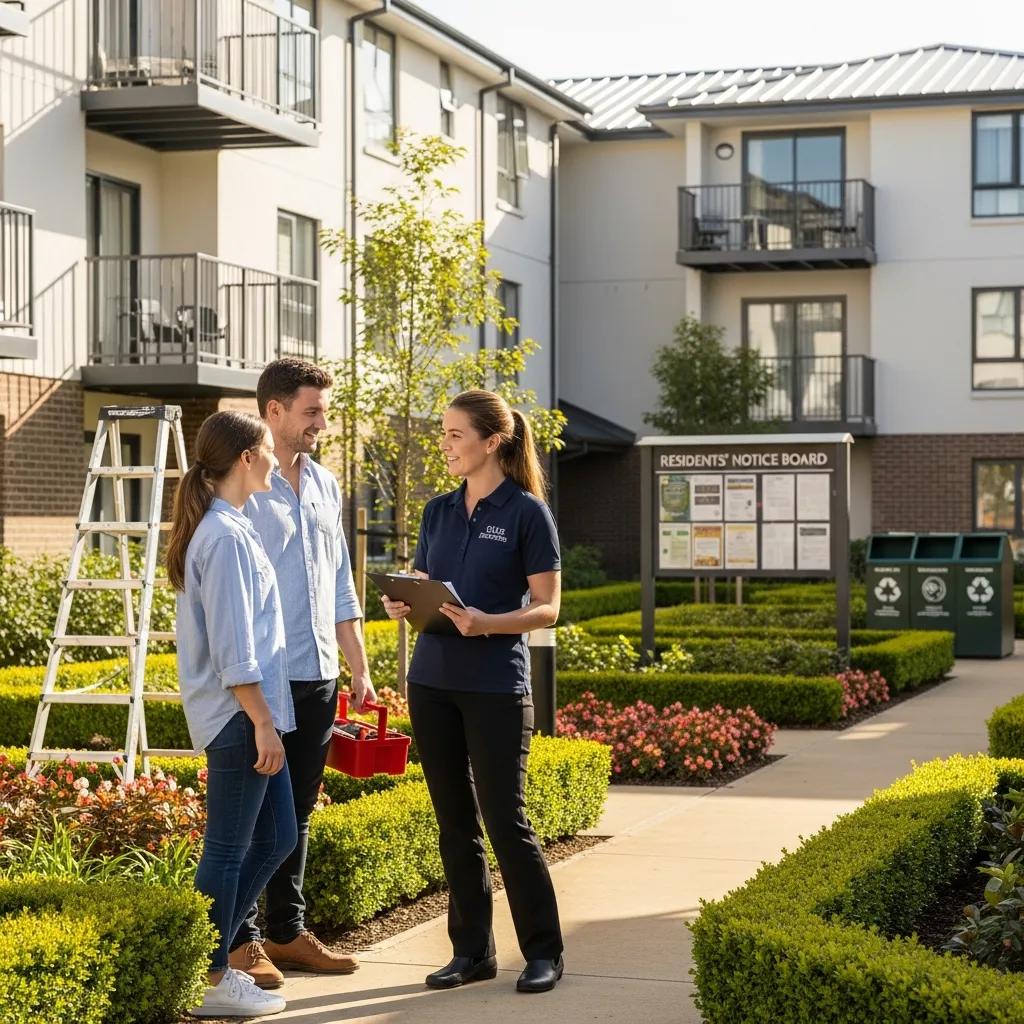 Property manager interacting with tenants in an apartment complex, illustrating services included in management fees