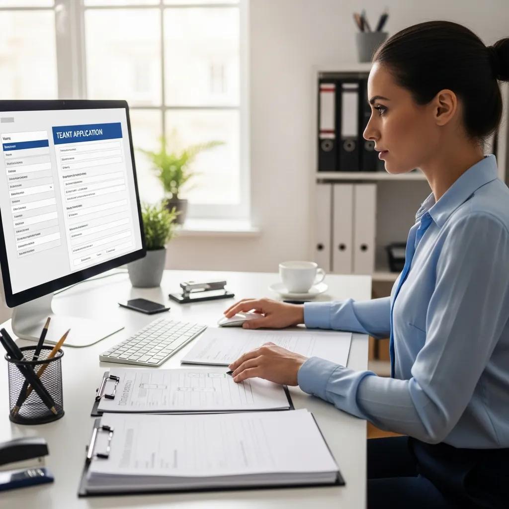 Property manager reviewing tenant applications in an office