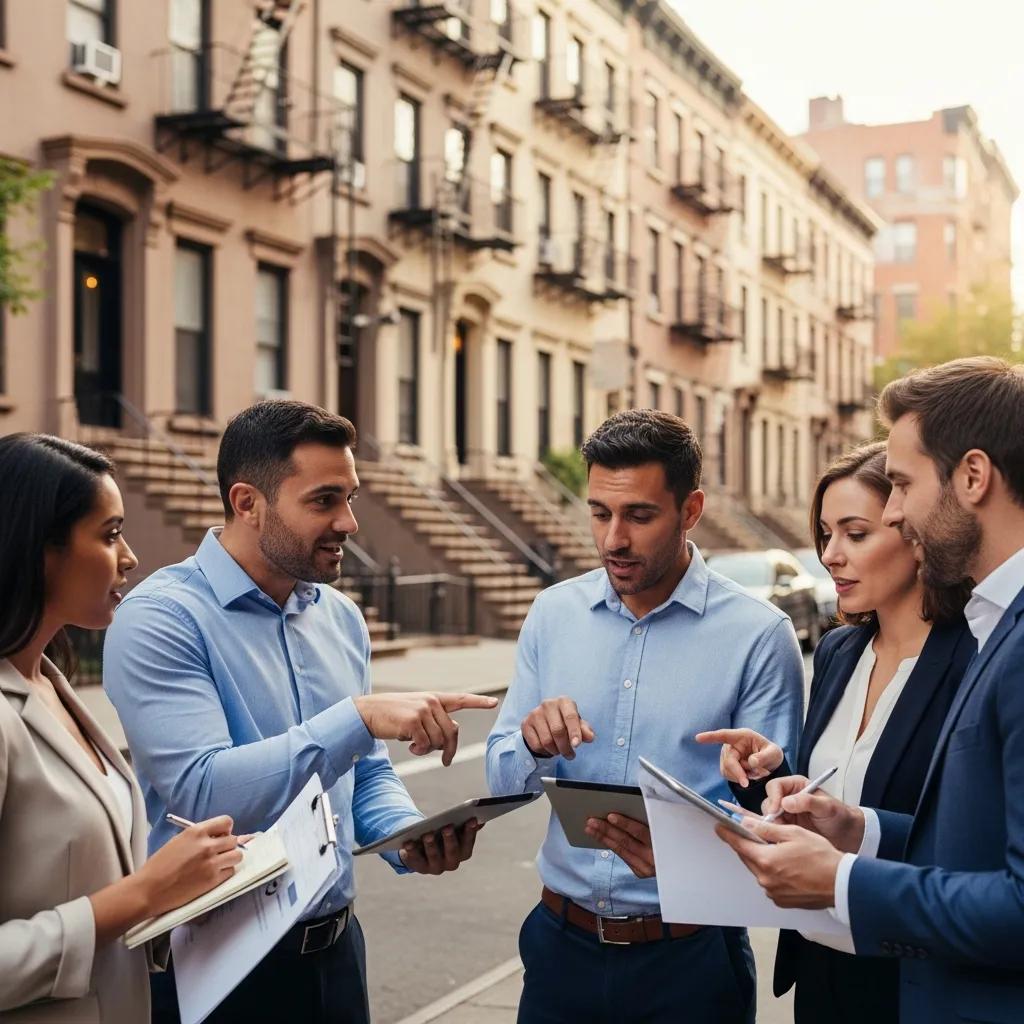 Property managers discussing rental properties in a Brooklyn neighborhood