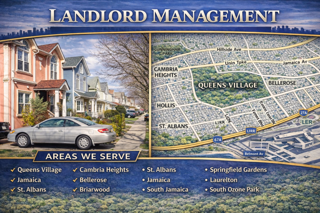 Landlord Management graphic showing a Queens Village residential street beside a southeastern Queens service area map highlighting Queens Village, Cambria Heights, Bellerose, St. Albans, and nearby neighborhoods.