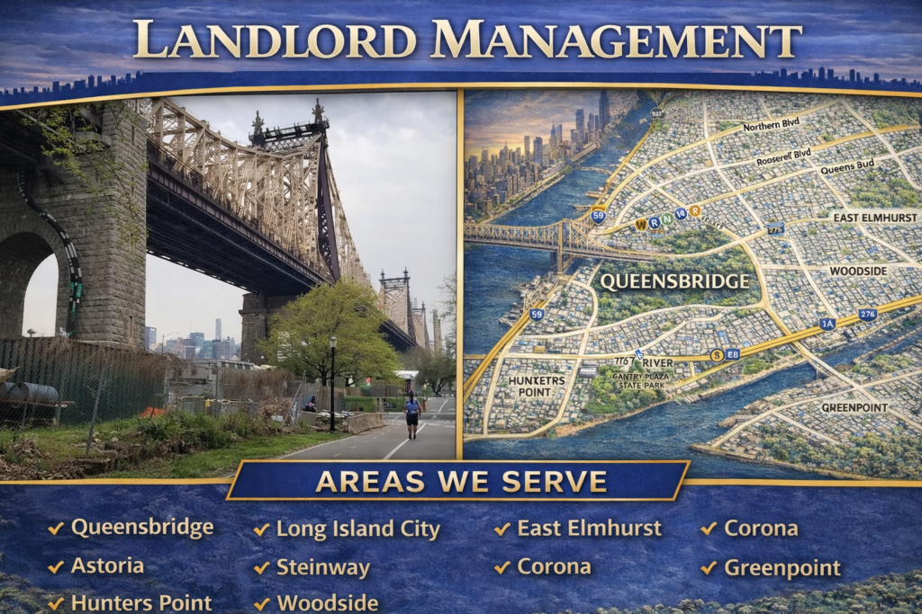 Landlord Management graphic showing Queensbridge bridge walkway scene beside a detailed map highlighting Queensbridge, Long Island City, Astoria, Woodside, and nearby Queens neighborhoods.