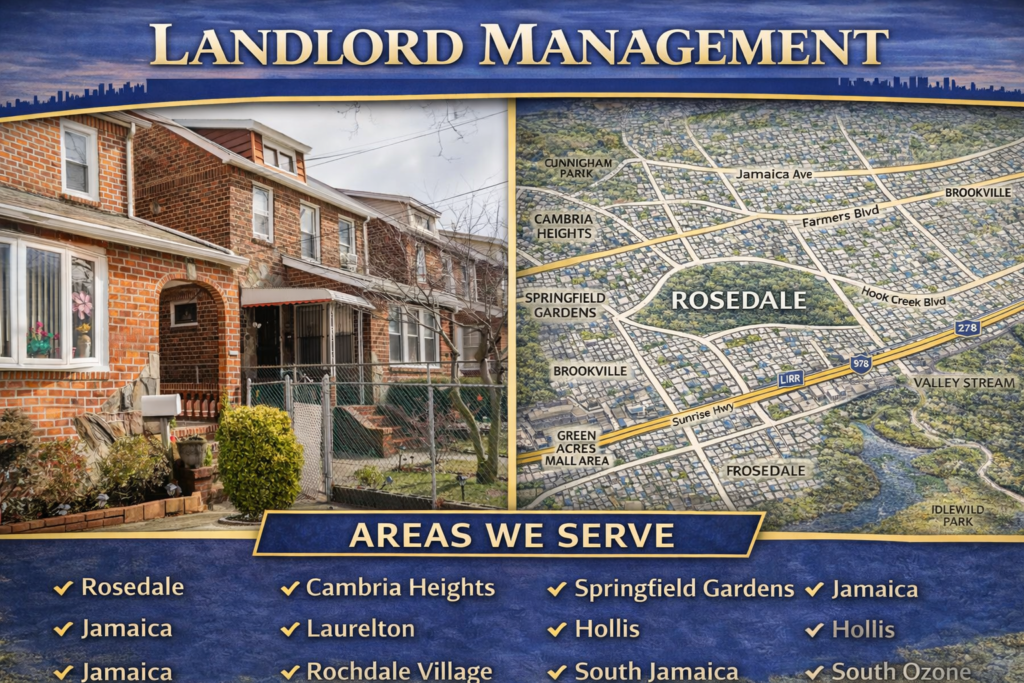 Landlord Management graphic showing Rosedale brick homes alongside a southeastern Queens map highlighting Rosedale, Cambria Heights, Springfield Gardens, Laurelton, and nearby neighborhoods.