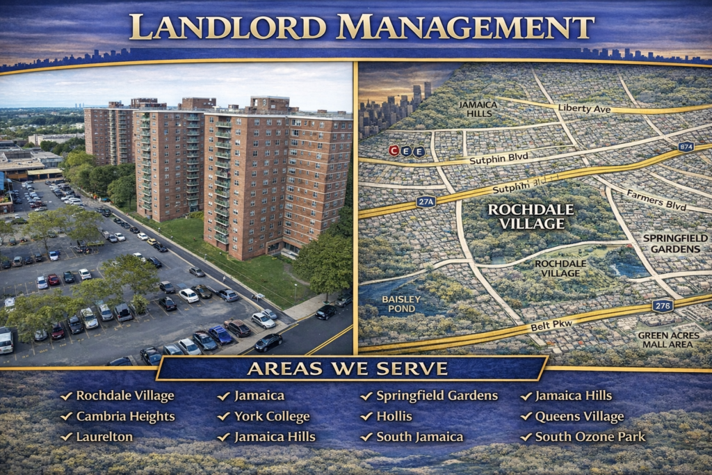 Landlord Management graphic showing Rochdale Village apartment buildings alongside a southeastern Queens map highlighting Rochdale Village, Jamaica, Cambria Heights, Springfield Gardens, and nearby neighborhoods.