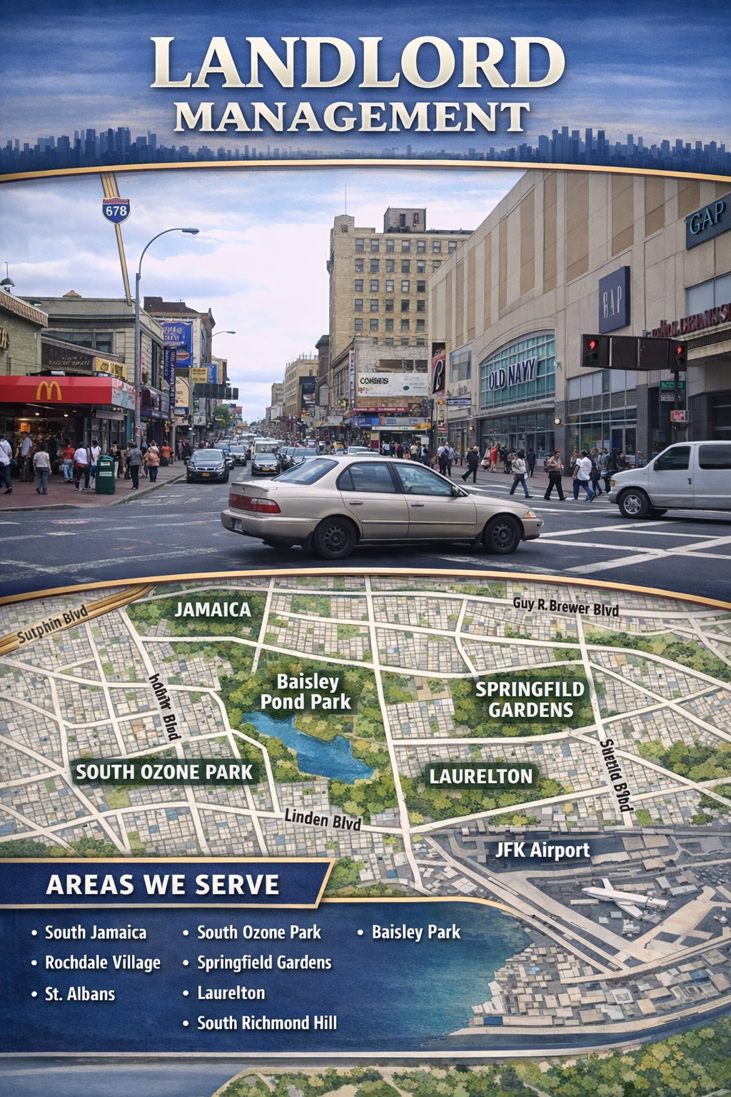 Landlord Management graphic showing South Jamaica street scene, neighborhood service map, and areas served including South Jamaica, Rochdale Village, St. Albans, Springfield Gardens, Laurelton, and South Ozone Park.