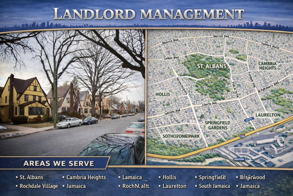 Landlord Management graphic showing a residential St. Albans street beside a neighborhood map highlighting St. Albans, Cambria Heights, Springfield Gardens, Hollis, Laurelton, and nearby Queens service areas.