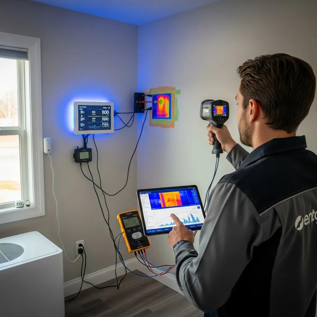 Technician conducting an energy audit in a residential building, showcasing energy-efficient upgrades