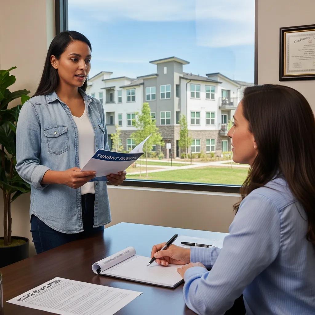 Tenant confidently reporting a violation to a property manager, highlighting tenant rights and advocacy
