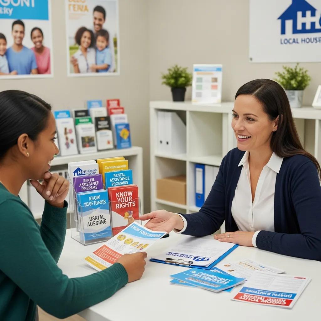 Tenant receiving assistance from a housing agency representative, emphasizing available resources
