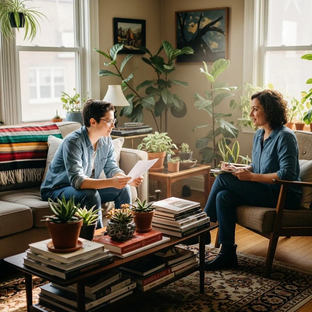 Tenant reporting housing violation to a community advocate in a cozy living room