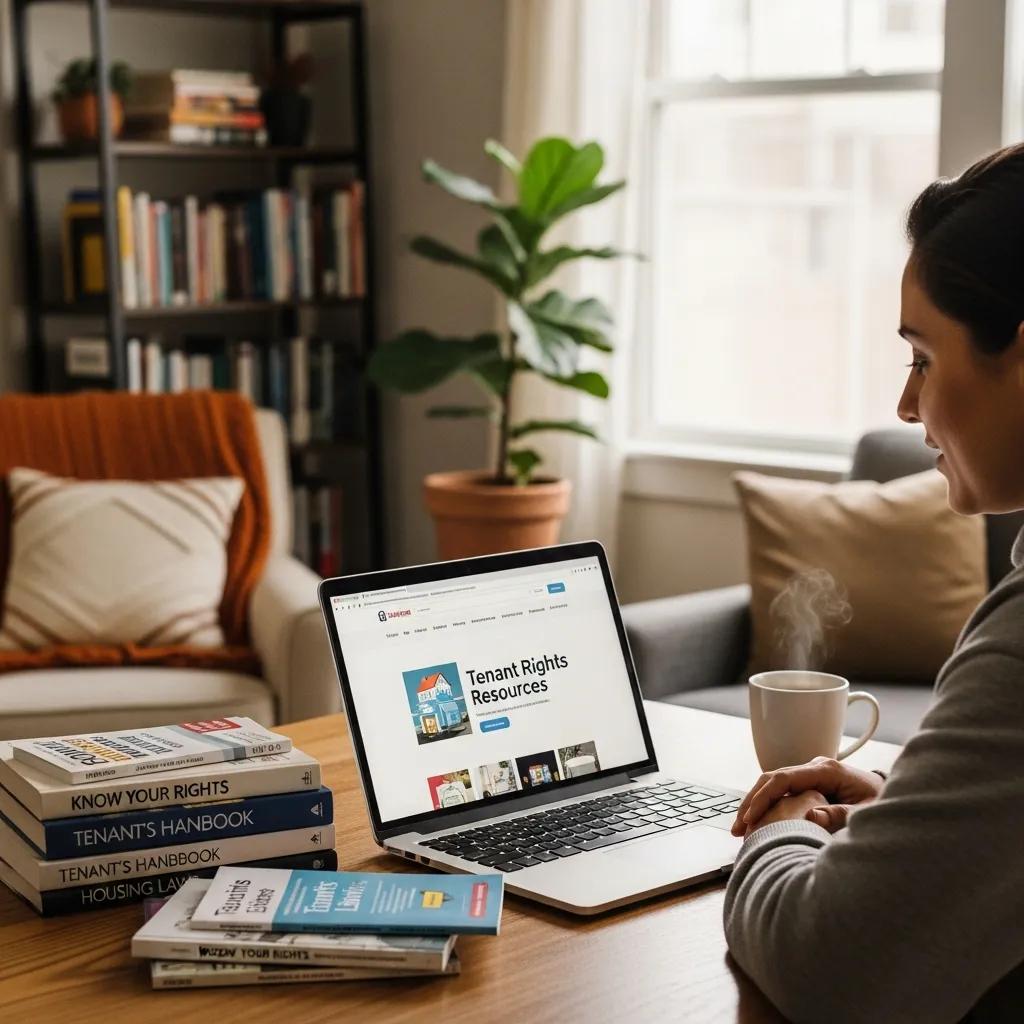 Tenant using a laptop to access resources on tenant rights