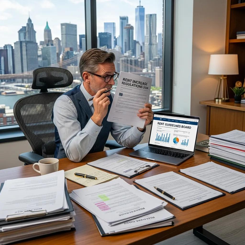 Landlord reviewing rent increase documents in an office, emphasizing compliance with NYC regulations