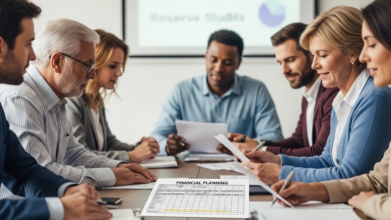 Board members discussing financial health and reserve studies in a modern conference room