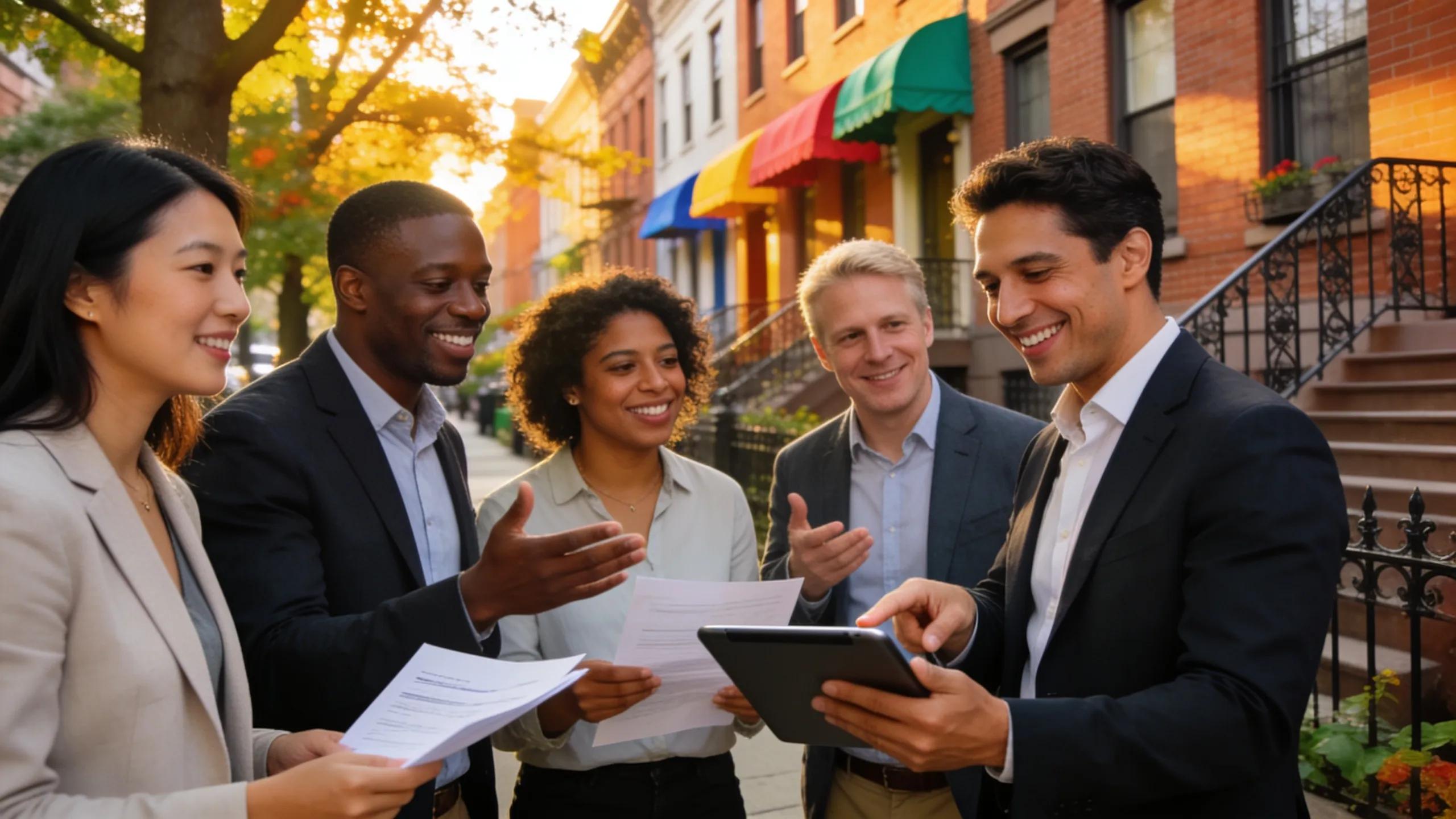 Group of landlords discussing property management in a Queens neighborhood