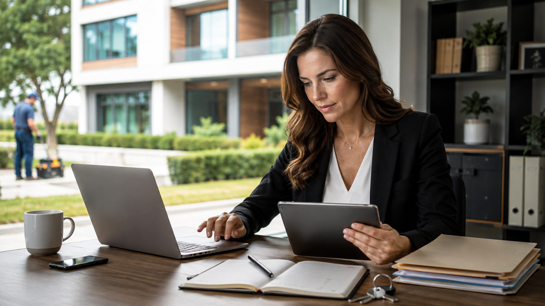Property Management Solutions professional reviewing rental property records and tenant information using digital tools in a modern office.