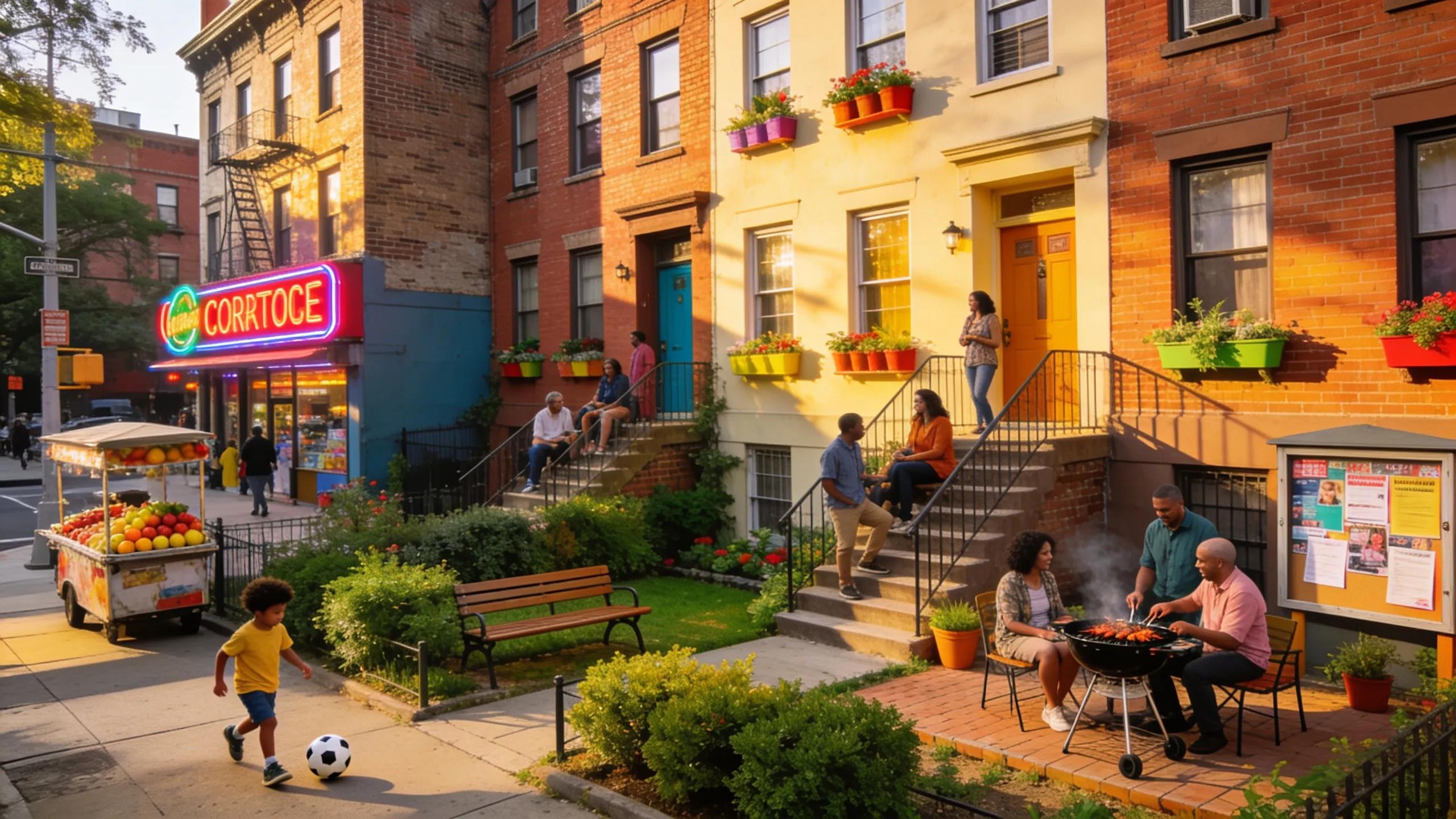 Multi-family apartment buildings in Queens, NY, illustrating vibrant community life