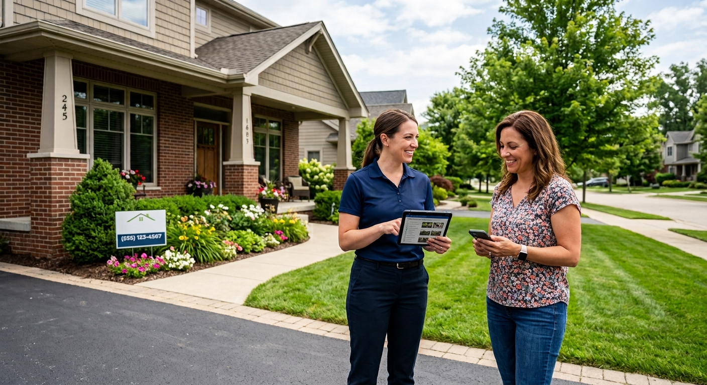Two women stand outside a suburban residential home, with one holding a tablet and reviewing Property Management Company Services with a homeowner holding a smartphone.