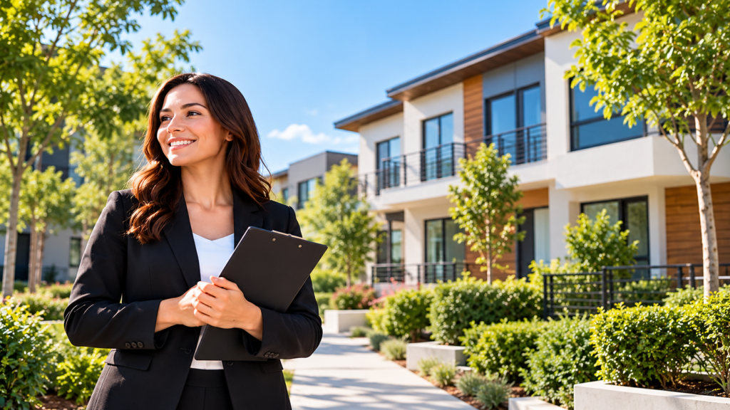 A smiling property manager holding a clipboard stands in front of a modern apartment complex, showcasing professional oversight and Property Management Company Services