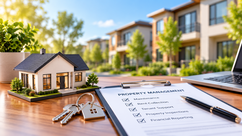 A model house, a set of keys, and a checklist detailing maintenance and rent collection rest on a desk overlooking an apartment building, illustrating comprehensive Property Management Company Services.