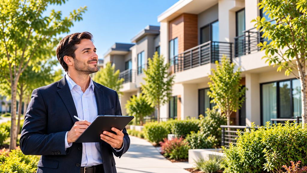 A property manager in a suit holding a digital tablet walks along the grounds of a modern residential complex, highlighting the daily oversight involved in reliable Property Management Company Services.