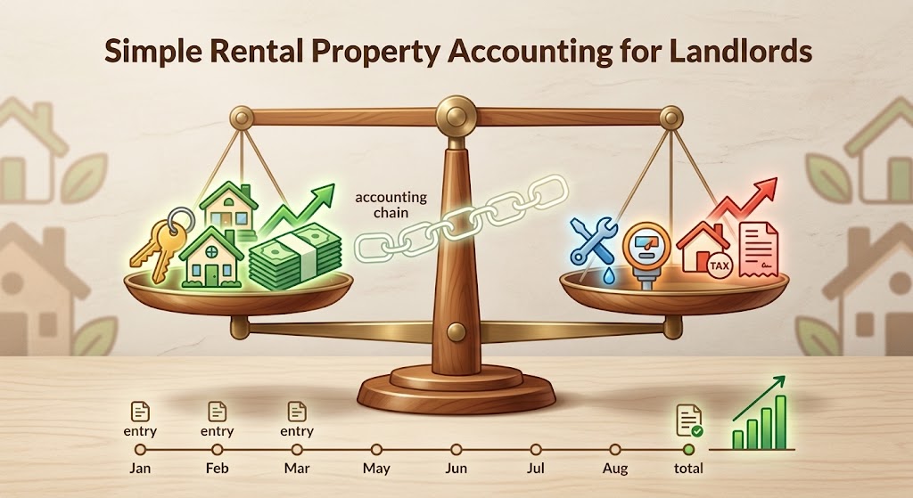 An illustrative infographic featuring a wooden scale balancing rental income and property expenses to demonstrate streamlined Rental Property Accounting practices for landlords.