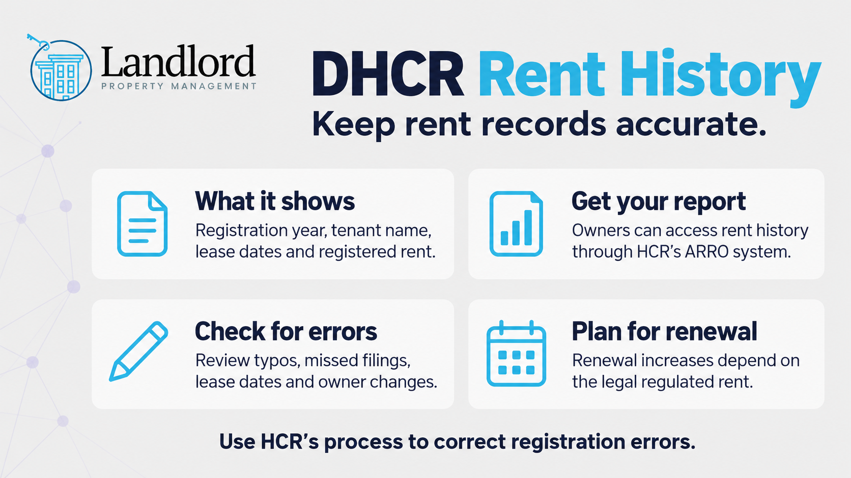 DHCR rent history infographic covering registration details, ARRO report access, record errors, and legal regulated rent for lease renewals.